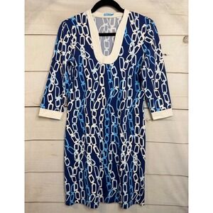 J. McLaughlin Womens Blue White Chain Link Print 3/4 Sleeve Shift Dress Size S